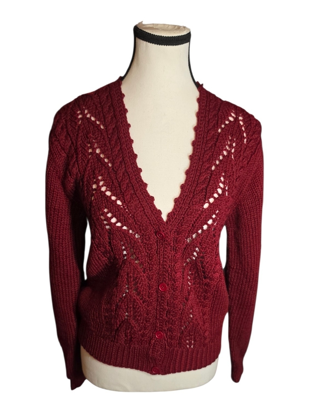 Openwork V-Neck Button Cardigan in Burgundy